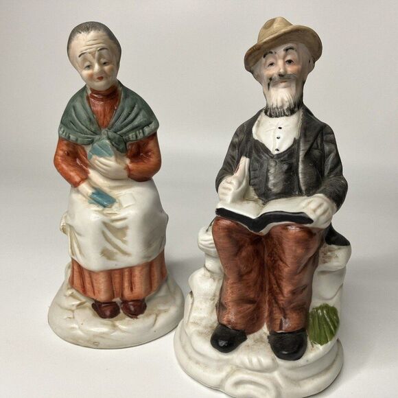Flambro Porcelain Figurines Elderly Couple Reading Old Man Woman Seated Cards - Picture 1 of 11
